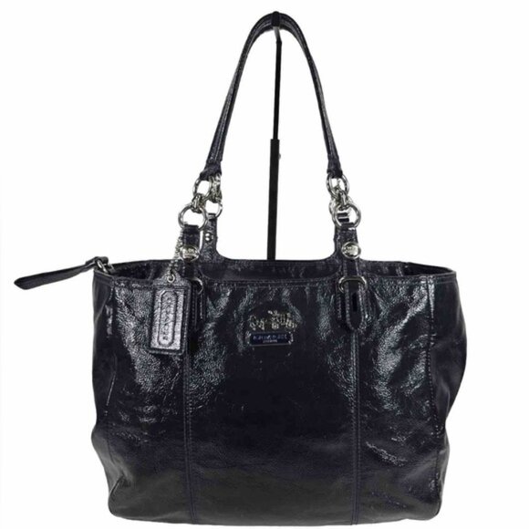 COACH MADISON MIA Black/Navy PATENT LEATHER Shiny Shoulder Bag Tote - Picture 1 of 16